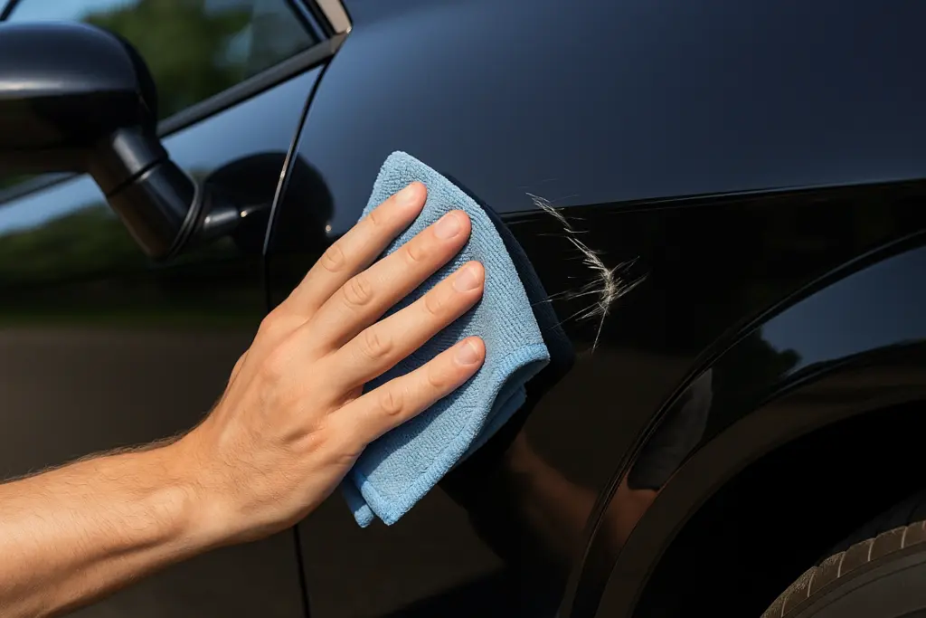 Текущее изображение: Professionelle Autopflege in München – Kratzer im schwarzen Lack entfernen und glänzende Lackierung wiederherstellen.
