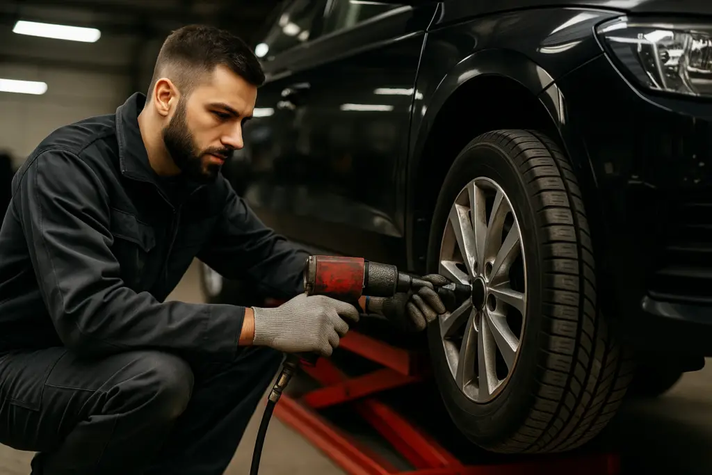 Текущее изображение: Mechaniker führt professionellen Reifenwechsel in der Belle Vue Werkstatt München durch